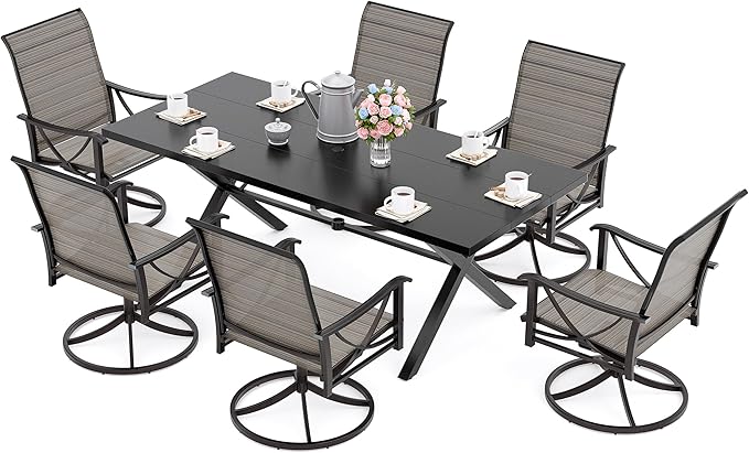 Kurapika 7-Piece Patio Dining Set, Patio Furniture Set for 6, Outdoor Large Metal Table with Umbrella Hole and Textilene Swivel/Rocking Chairs, for Garden, Deck, Porch, Pool All Weather, Brown