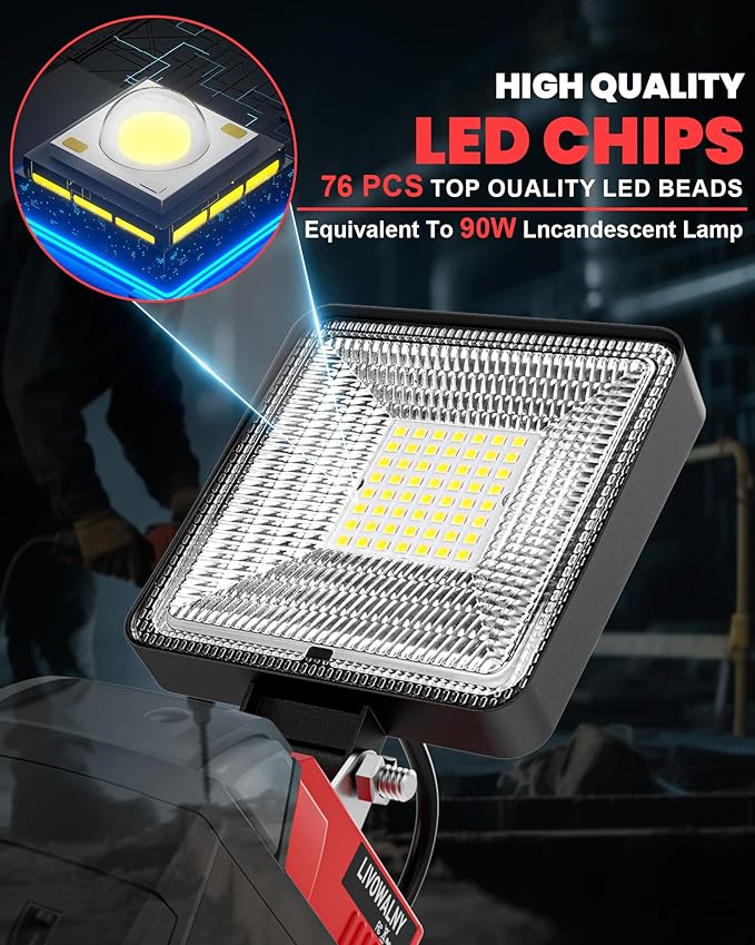 LIVOWALNY 2PCS 30W Cordless LED Work Light Compatible with Milwaukee 18V Battery, 3000LM Portable Flashlight with USB & Type-C Output Port, Flood Light Low Voltage Protection, Battery Not Included