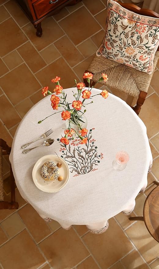 ISAENNE Floral Tablecloth for Round Tables,Linen Table Cloth with Double-Edged Lily Pattern,Heavy Durable Table Cover for Dining Thanksgiving Kitchen Decor Party Christmas,Diameter 67"