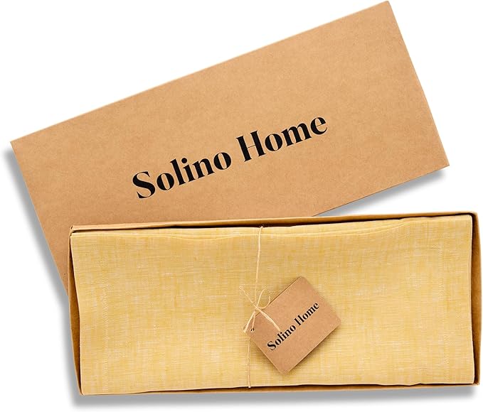 Solino Home Linen Small Table Runner 36 Inches - Athena, 100% Pure Linen Chambray Mustard Yellow Table Runner 14 x 36 Inch Ideal for Dresser and Coffee Tables, Spring, Easter