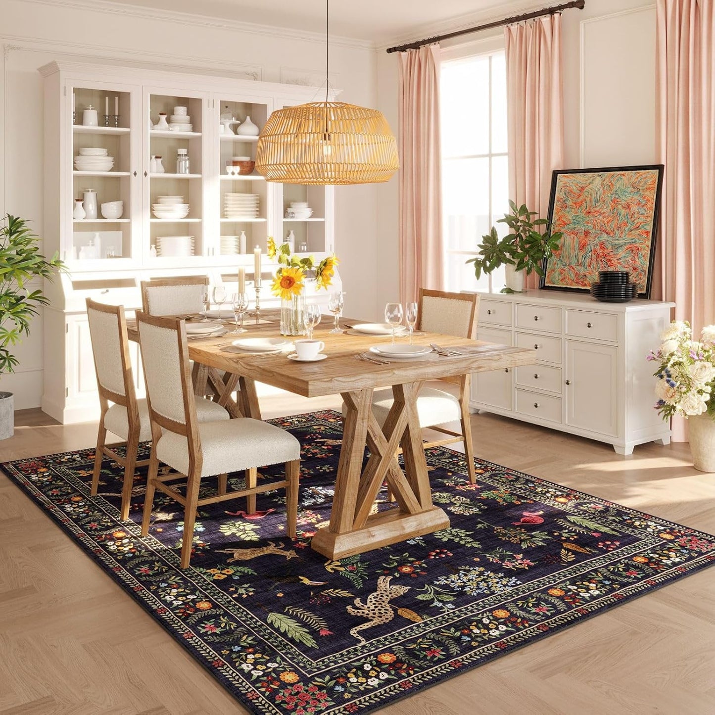 Rugcomf Living Room Rug 5x7 Rug Machine Washable Boho Area Rug Non Slip Floral Animal Vintage Low Pile Large Rugs for Living Room, Bedroom, Farmhouse, Dining Room, Kids Playroom (Blue)