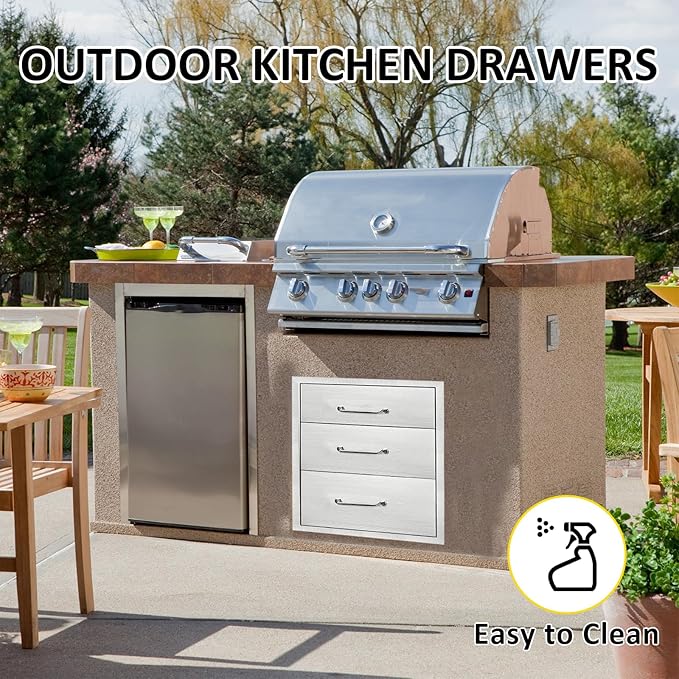 Outdoor Kitchen Drawers 16" W x 21" H x 23" D Flush Mount Triple BBQ Drawers with Chrome Handle Stainless Steel Drawer for Outdoor Kitchen Island, Patio Grill Station