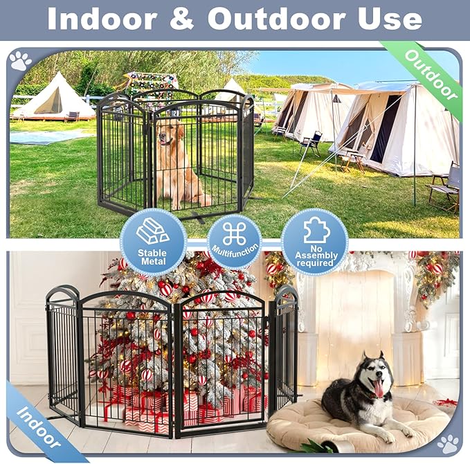 Full Metal Free Standing Dog Gate with Door for Indoor Barriers,144'' Extra Wide 32'' Tall Dog Gate for Doorways,Large Openings,Decks,Freestanding Portable Pet Fence(6 Panels,Black)