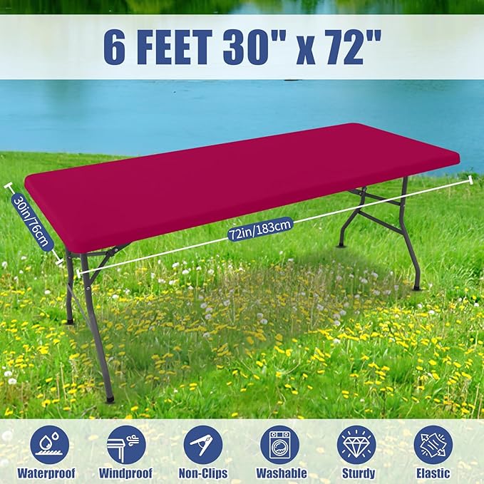 Spandex 6 Foot Rectangle Table Cloth 6 Pack, Elastic Fitted Tablecloths for Picnic, Stretch Washable Patio Table Cover for Outdoor, Camping, Banquet and Parties (Fuchsia, 30"x72")