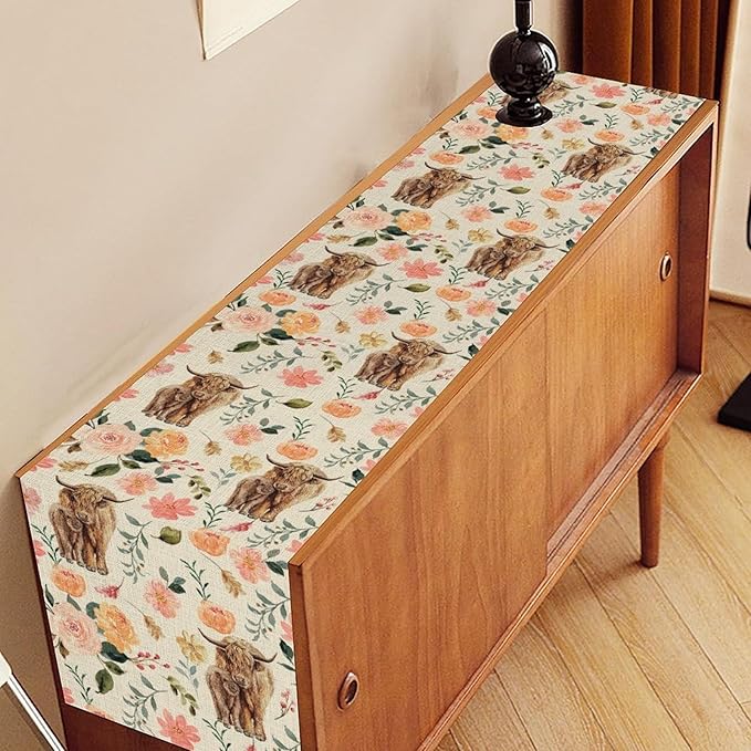 Cow Table Runner, Rustic Farmhouse Pink Floral Flower Spring Summer Yak Leaves Seasonal Coffee Table Center Decor for Home Kitchen Dining Patio Holiday Party Indoor Outdoor Table Decorations, 13"x90"