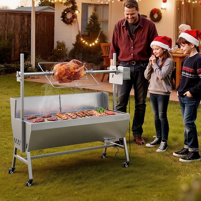 VEVOR Rotisserie Grill, 46in BBQ Outdoor Pig & Lamb Spit Roaster, Charcoal Spit Roaster with 132 LBS Capacity, Wheels, 4-Level Height, Stainless Steel Electric Rotisserie Grill Kit for Camping Outdoor