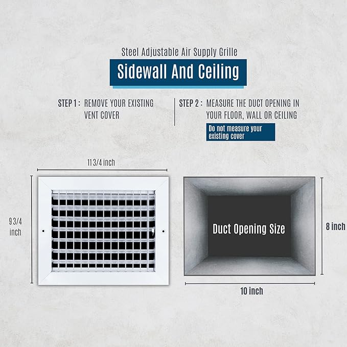 Fits 10x8 Duct Opening Steel Adjustable Air Supply Grille by Handua | Register Vent Cover Grill for Sidewall and Ceiling | White | Outer Dimensions: 11.75" X 9.75"