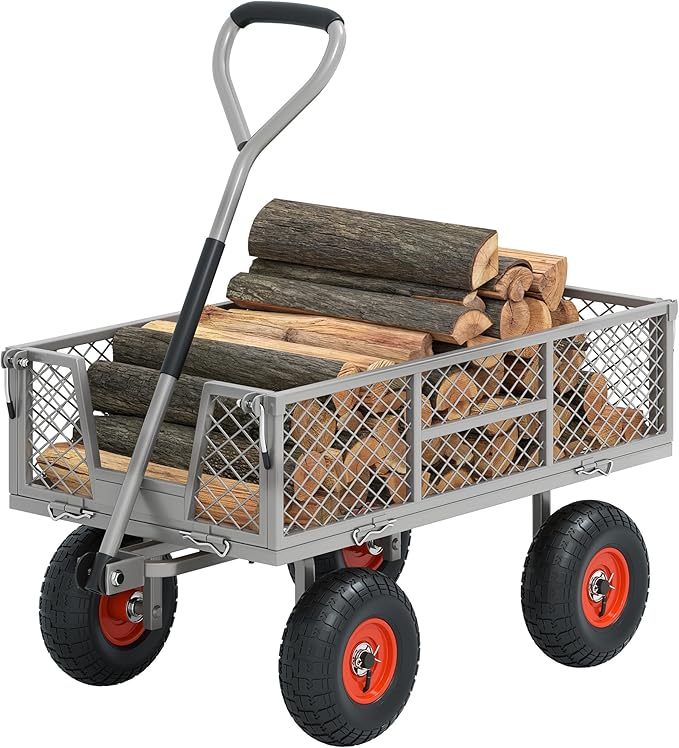 Heavy Duty 900 lbs Capacity Mesh Steel Garden Cart - 10" Pneumatic Tires, 180° Rotating Handle, Removable Sides, 4 CU'FT Utility Wagon for Yard & Garden Christmas Hauling