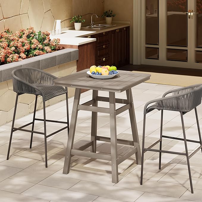 Costaelm Outdoor Bar Table, 37" Counter Height Square Patio Cocktail Bar Table with Umbrella Hole, Patio Bistro Dining Pub Table for Front Porch Deck Backyard Garden, Weathered Wood