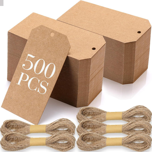 500 Pcs Kraft Paper Gift Tags with String 4.7" x 2.4" Cardboard Price Tag Name Tag Vintage Wedding Birthday Hang Brown Tags with Twine Blank Gift Tag for Wedding Birthday Holiday Art & Craft