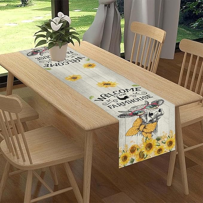 Farmhouse Cow Table Runner, Rustic Yellow Sunflower Floral Buffalo Animals Spring Coffee Farm Table Center Decor for Family Kitchen and Living Room Country Holiday Party Table Decorations, 13" X 72"