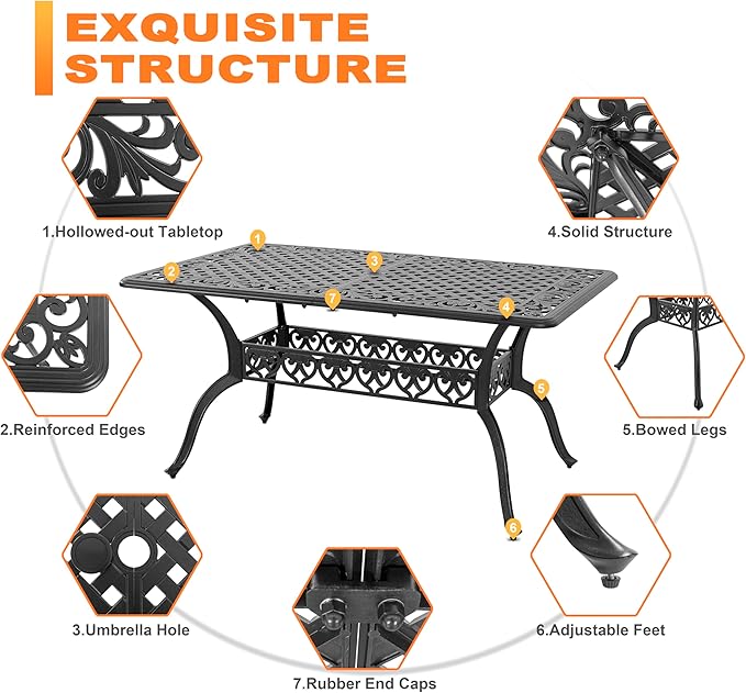 NUU GARDEN 60" Outdoor Dining Table with 2.09" Umbrella Hole, All Weather Cast Aluminum Outdoor Patio Table, 6-8 Person Rectangle Dining Table, Backyard Bistro Table for Garden, Poolside, Black
