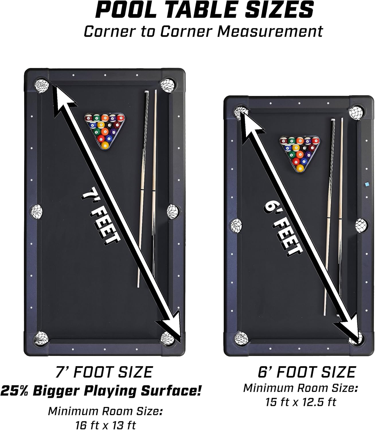 GoSports 6, 7, or 8 ft Billiards Tables - No Assembly, Choose Your Color - Portable Pool Table Includes Full Set of Balls, 2 Cue Sticks, Chalk and Felt Brush