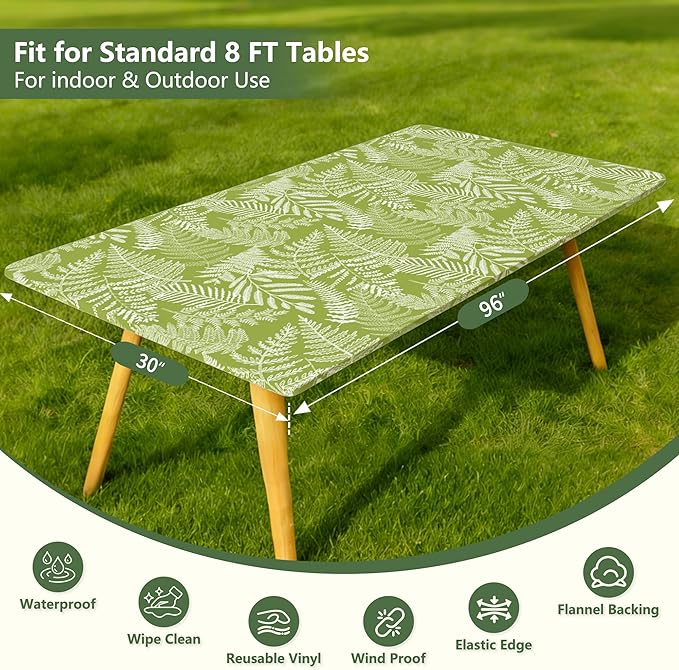 Rectangle Picnic Table Cloth, Elastic Waterproof Fitted Vinyl Tablecloths for 8 Foot Tables, Wipeable Flannel Backed Table Covers for Dining, Camping, Outdoor(Green Leaves,30"x96")