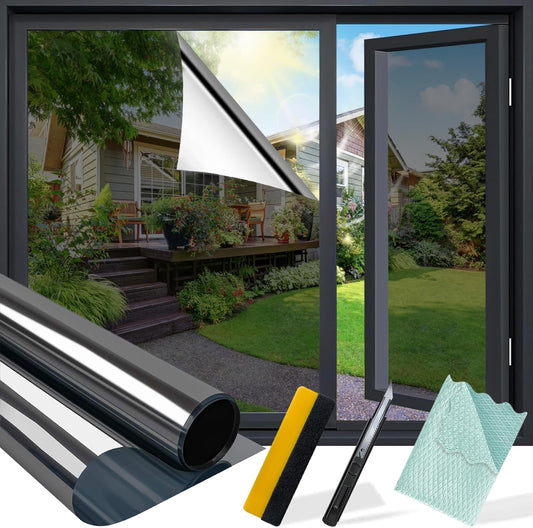 Niviy One Way Window Privacy Film with Installation Tools, Window Tint for Home, Reflective Window Film See Out Not in for Home Office,Black Silver, 23.6 Inch X 157.4 Inch