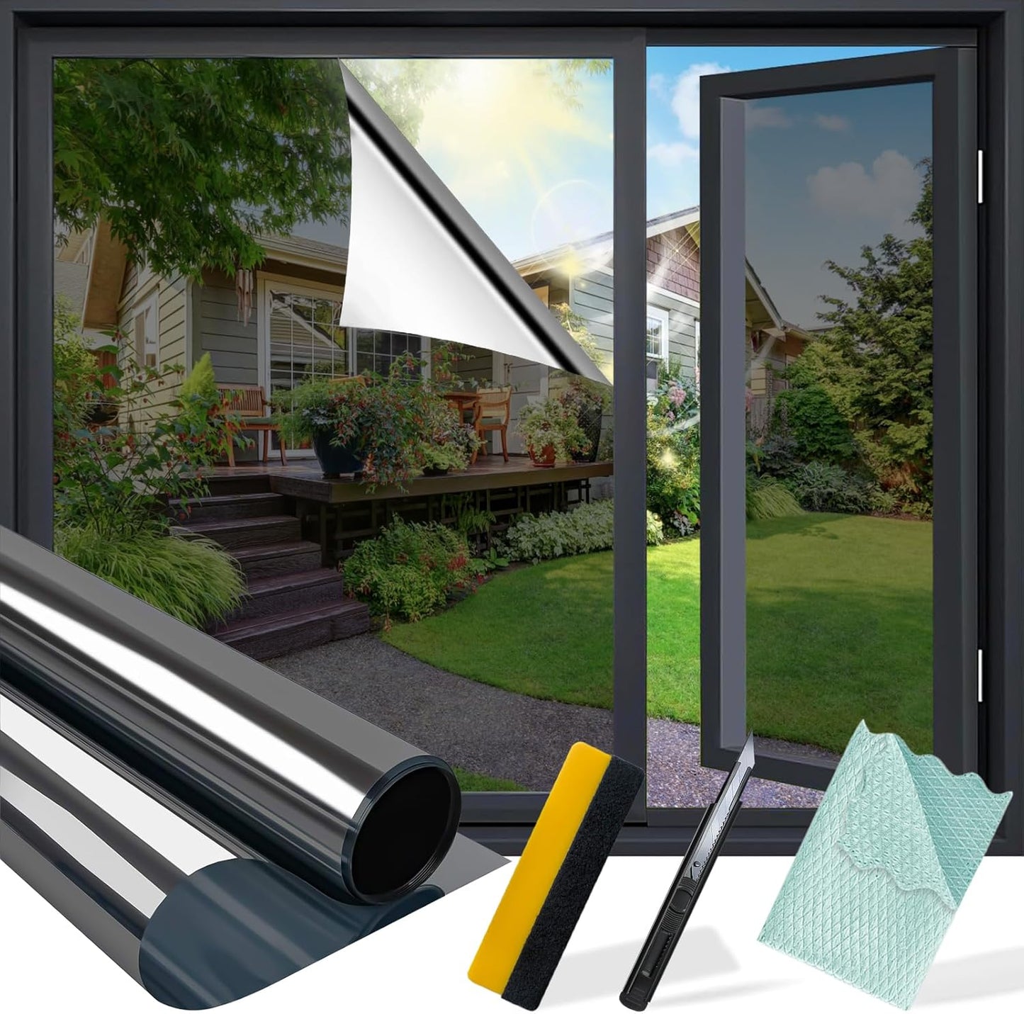 Niviy One Way Window Privacy Film with Installation Tools, Window Tint for Home, Reflective Window Film See Out Not in for Home Office,Black Silver, 29.5 Inch X 118 Inch