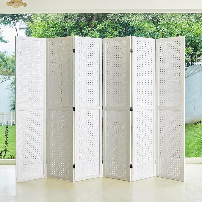 Pegboard Display, 5.6Ft Wooden Room Divider Folding Privacy Screens Portable Freestanding Wall Organizer for Retail Craft Art Display Board (6panels, White)