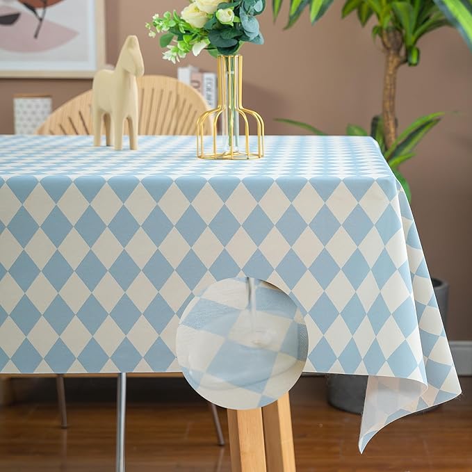 Rectangle Table Cloth,100% Waterproof Tablecloth Oil Proof Spill Proof Vinyl Table Cloth, Wipe Clean Plastic Table Cover for Dining, Camping, Indoor and Outdoor 52" x 70",Blue Checkered