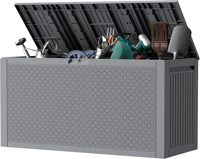 ZYJOYY Outdoor Storage Box, 90 Gallon Deck Box, Waterproof Resin Storage Box for Patio Cushions, Gardening Tools, Lockable, UV Resistant, Grey