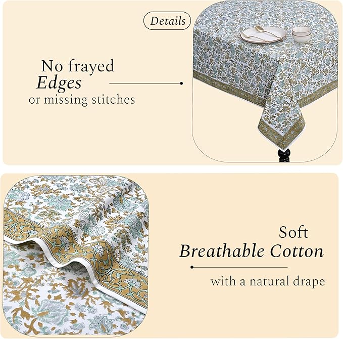 CPC Tablecloth 100% Cotton 60x90 Inch Indian Block Print Rectangle Table Cover, Washable Table Cloth for Weddings, Spring/Summer, Barbeque - Harvest Bloom