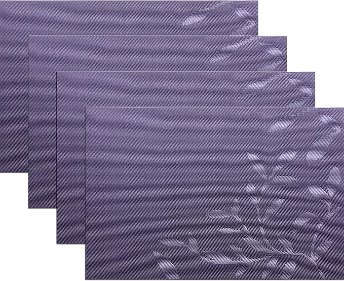 Leaf Placemats Set of 4, Non-Slip Heat-Resistant 18" x 12" Vinyl Washable Placemats for Kitchen Indoor Outdoor Party Birthdays Weddings Decoration (Purple)