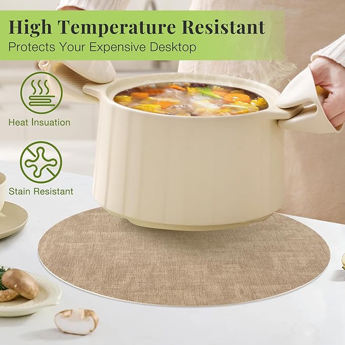 13-Inch Faux Leather Round Placemats Set of 4, Waterproof Anti-Slip Dual Sided Place mats, Heat Resistant Washable Table Mats with Coaster, Suitable for Indoor & Outdoor (4, Black Light Coffee)