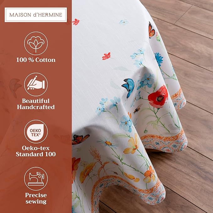 Maison d' Hermine Table Cloth Round Table 100% Cotton 69 Inches Tablecloth Reusable Decorative Everyday Use for Dining Room, Farmhouse, Home, Party, Festive & Wedding Spring Summer - Summer Whisper