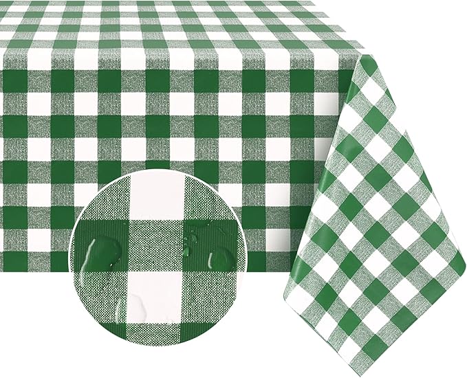 Romanstile Rectangle Vinyl Tablecloth, 100% Waterproof Buffalo Gingham Plastic Table Cloth, Heavy Duty Wipeable Checkered Table Covers for Outdoor, Camping, Picnic, Patio - 60 x 120, Green and White