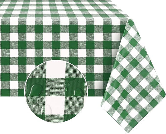 Romanstile Rectangle Vinyl Tablecloth, 100% Waterproof Buffalo Gingham Plastic Table Cloth, Heavy Duty Wipeable Checkered Table Covers for Outdoor, Camping, Picnic, Patio - 60 x 120, Green and White