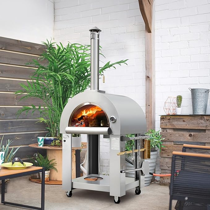 KOSTCH 32.5 inch Wood Fired and Propane Gas Pizza Oven for Outdoor Kitchen in Stainless Steel, Large Pizza Oven for Outside, Yard and Party