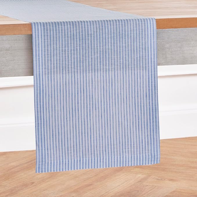 Solino Home Linen Striped Table Runner 108 Inches Long - Narrow Stripe 100% Pure Linen Cornflower Blue and White Dining Table Runner 14 x 108 Inch for Winter, Spring, Easter