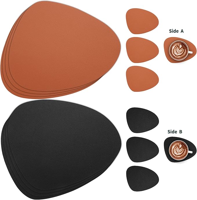 Myir JUN Placemats, Dual-Sided Placemats Waterproof Faux Leather Placemats Set of 6 Place Mats and Coasters Non-Slip Washable Table Mats for Dining Table (Black Brown, Set of 6)
