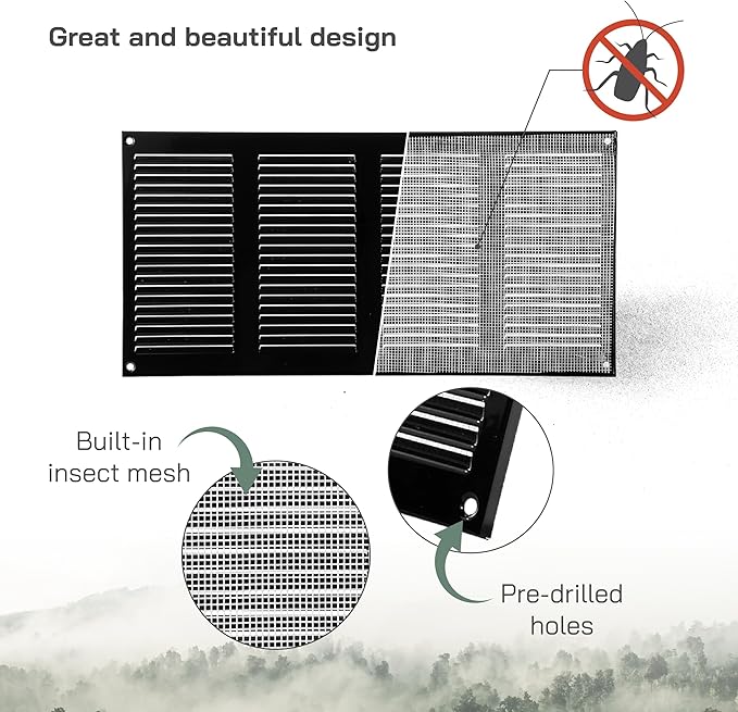 Vent Systems 16" x 8" Inch (Overall Dimensions) Pack of 5 - Black - Air Vent Cover Metal Air Return Grill with Built-in Pest Guard Screen HVAC Vent Duct Cover for Home Improvement