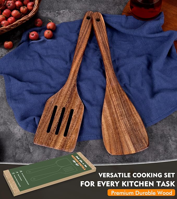 2Pcs Wooden Spatula, Acacia Wooden Spatula for Kitchen Use, Nonstick Cookware Safe Utensils Set including Turner and Slotted Turner, Ideal Cooking Utensils Gift Set for Cooking, Frying, Baking