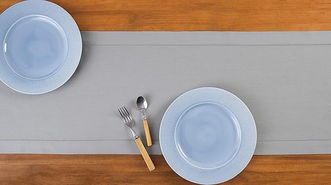 Solino Home Light Grey Table Runner 60 Inches - Cotton Linen Hemstitch Coffee Table Runner 14 x 60 Inch Ideal for Dresser Tables - Spring, Easter