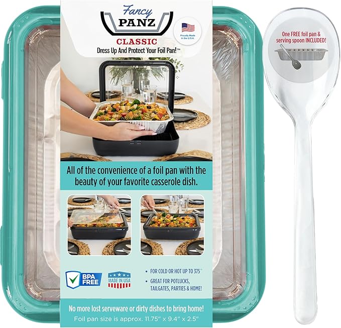 Fancy Panz - Aqua Classic Aluminum Foil Pan Carrier with Lid - Elevated Food Serving Tray - Portable Casserole Carrier with Lid - Made in The USA Hosting Essentials