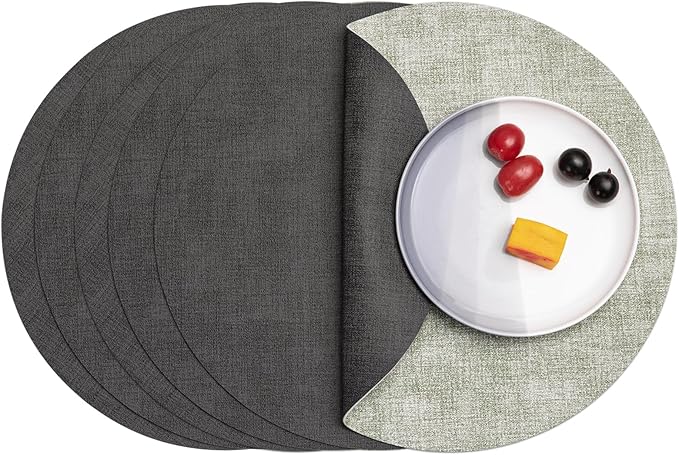 Myir JUN Round Placemats Dual Sided, Faux Leather Place Mats Set of 6 Indoor Placemat for Dining Table Outdoor Place mat Non-Slip Washable Table Mats (Gray Grass Green, Set of 6)
