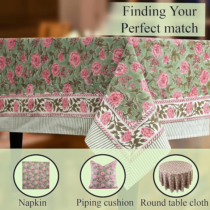 CPC Tablecloth 100% Cotton 72x140 Inch Indian Block Print Rectangle Table Cover, Pink Table Cloth for Weddings, Spring/Summer, Barbeque - Pink Tourmaline