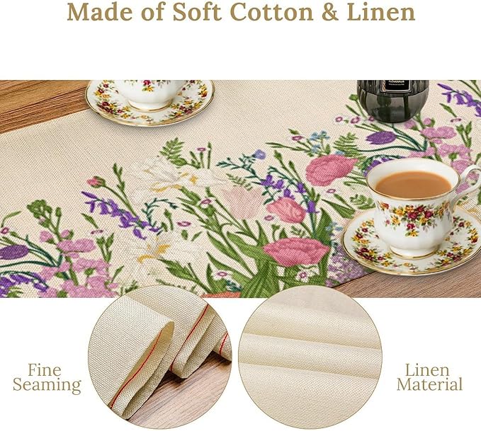 Floral Table Runner,Watercolor Spring Summer Seasons Pink Purple Flowers Table Decoration for Wedding Holiday Indoor Outdoor Home Party 13x108in