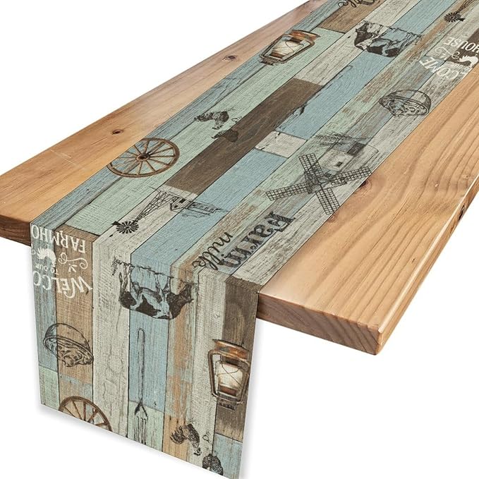 Farmhouse Cow Table Runner, Rustic Blue Wooden Animals Rooster Chicken Summer Spring Coffee Table Center Decor for Home Kitchen Dining Patio Holiday Party Country Outdoor Table Decorations, 13"x36"