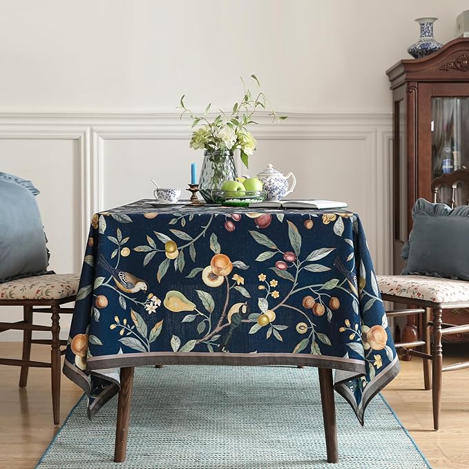 Linen Table Cloth Rectangle,Wrinkle Resistant French Blue Tablecloth Print with Froal,Decor Stitch Table Cloth for Thanksgiving,Dining Room,Home,Kitchen 55" × 79"-DeweyA Blue