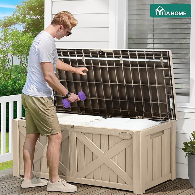 YITAHOME 120 Gallon Large Outdoor Storage Box with X-Shaped Front, Waterproof Resin Deck Box Cushion Storage Bench for Patio, Pool Supplies, Garden Tools- Lockable, Taupe