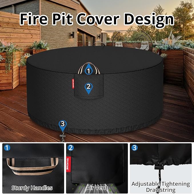 [2025 Upgraded 900D Fabric] Fire Pit Cover Round for 45-48 inch Fire Pit, 900D Heavy Duty Waterproof Fireplace Cover with Air Vent, Handle & Tightening Drawstring, 48"Dia x 24"H -Black