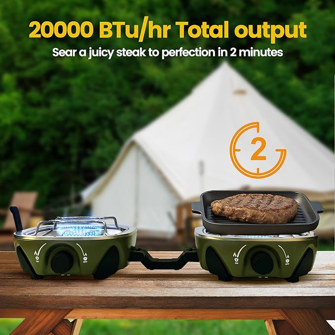BJIPFO 2 Burner Foldable Camping Stove, Portable Propane Camp Stove,With Grill、Carry Bag Windscreen，20,000BTU Adjustable Burners & Piezo Ignition for Tailgating,BBQ,camp essentials gear
