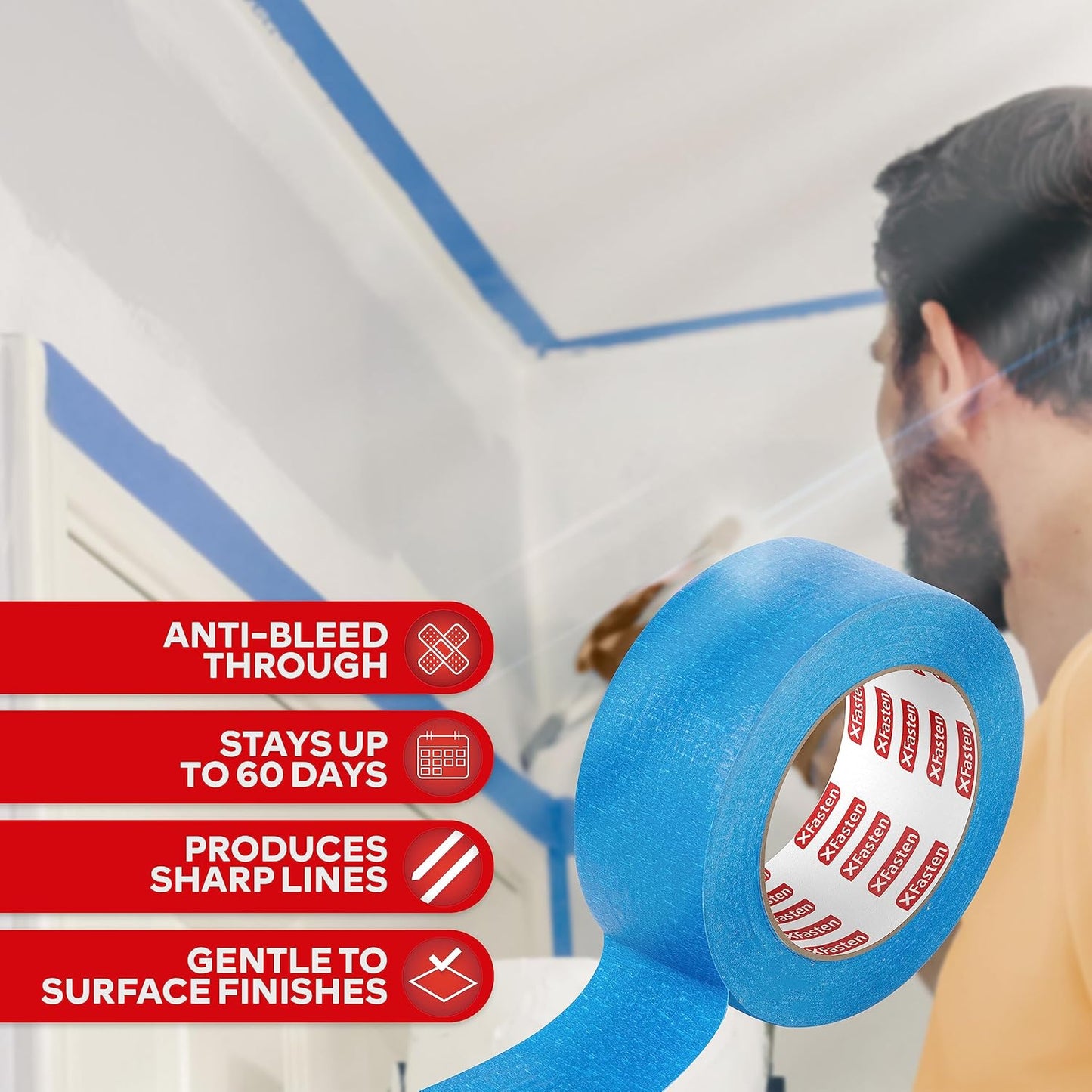 XFasten Blue Painter's Tape, 2 Inch x 60 Yards (24-Pack) Blue Painters Masking Tape Bulk - Sharp Edge Line Technology, Produces Sharp Lines | Residue-Free and Artisan Grade Wall Trim Tape