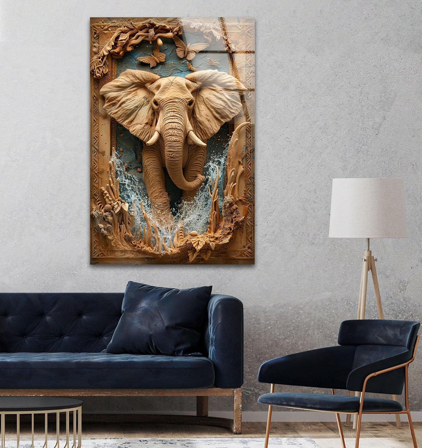 My Photostation.com 14Wx20H'' Elephant Carving Glass Wall Art Tempered Glass Printing Wall Decor Large Wall Art Wall Hangings