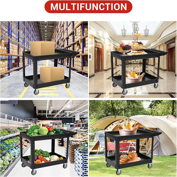 Utility Service Cart with Wheels and Two Trays, Service Cart 2-Shelf 500lbs, Rolling Utility Cart for Warehouse/Garage/Cleaning/Manufacturing, 2 Tier Heavy Duty Uline Tool Cart, 45"X25", Black