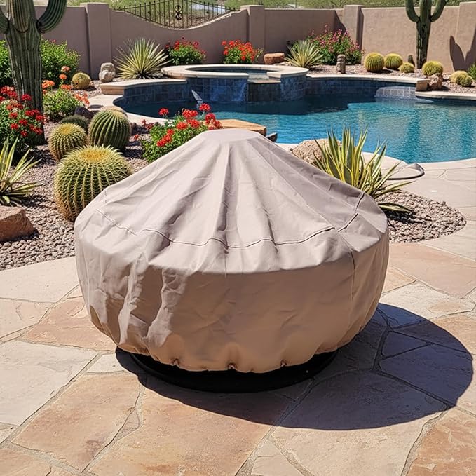 Sunnydaze Heavy-Duty Weather-Resistant Round Fire Pit Cover with Drawstring and Toggle Closure, Khaki PVC, 60 Inch Diameter