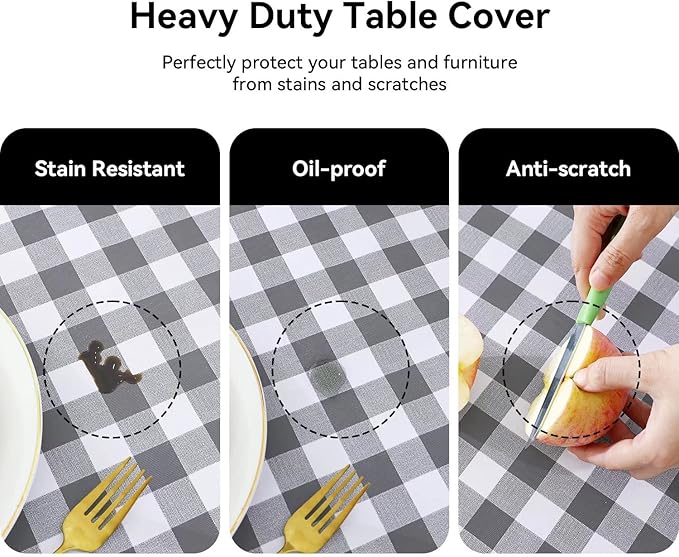 Romanstile Rectangle Vinyl Tablecloth, 100% Waterproof Buffalo Gingham Plastic Table Cloth, Heavy Duty Wipeable Checkered Table Covers for Outdoor, Camping, Picnic, Patio - 54 x 120, Grey and White