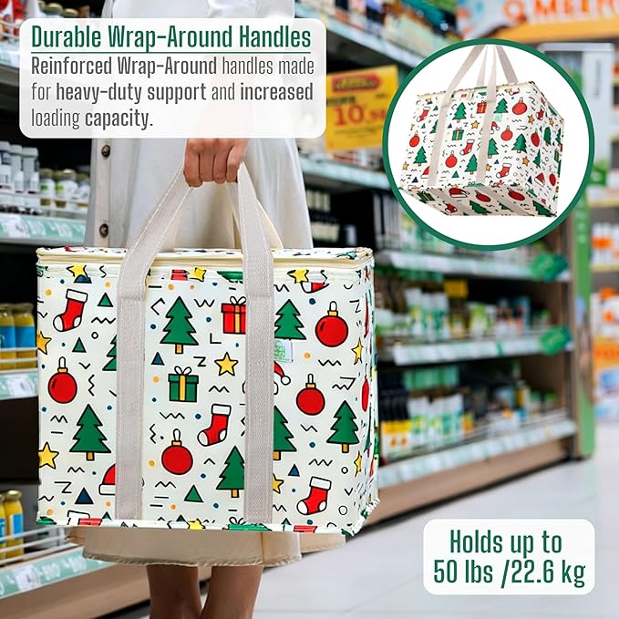 VENO 2 Pack Cooler Bag, Insulated Grocery Bags for Food Delivery, Collapsible Cooler, Reusable Shopping Bags for Groceries, Hard Bottom, Zippered, Foldable, Christmas Pattern (Jingle Mix, 2 Pack)